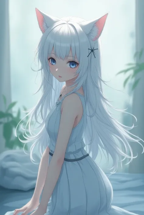 1girl, Solo, Long Hair, High Details, High Quality, 
Accurate, Long Hair, White Hair, Breasts, Cat Ears, Blue eyes, Expressionless Eyes, Lonely, From Side, Feet Out Of Frame, Simple background, Ribbon, Blurry, Depth Of Field, Anime Style, Anime, 