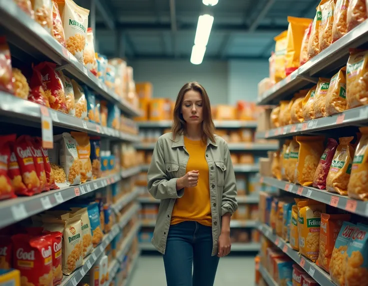 A consumer is seen in the supermarket looking at different products from different brands of corn snacks with packaging.  His expression shows frustration when reading labels with unknown ingredients and long numbers, reflecting distrust of artificial ingr...