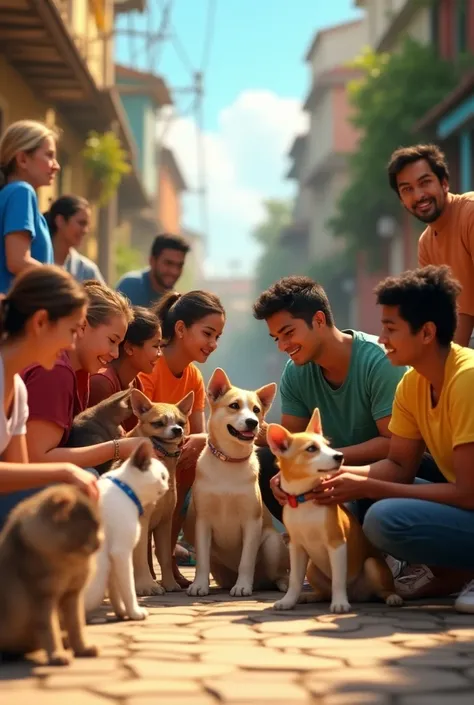 Create a beautiful and happy pixar-like , Pixar type of a GROUP of MEN AND WOMEN, protectors, ACTIVIST ,  RESCUERS for cats and dogs , Caressing, Feeding,  curing cats and dogs in street conditions .  Let a Venezuelan flag appear prudently (yellow, blue an...