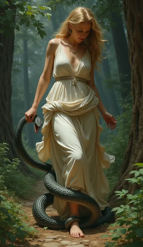 Eurides the woman from Greek mythology being stung in the foot by a serpent 