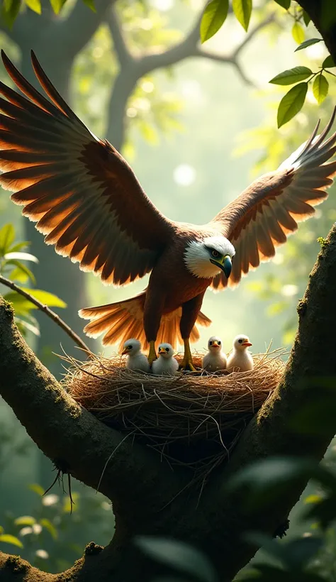 A bird with outstretched wings over a nest of chicks