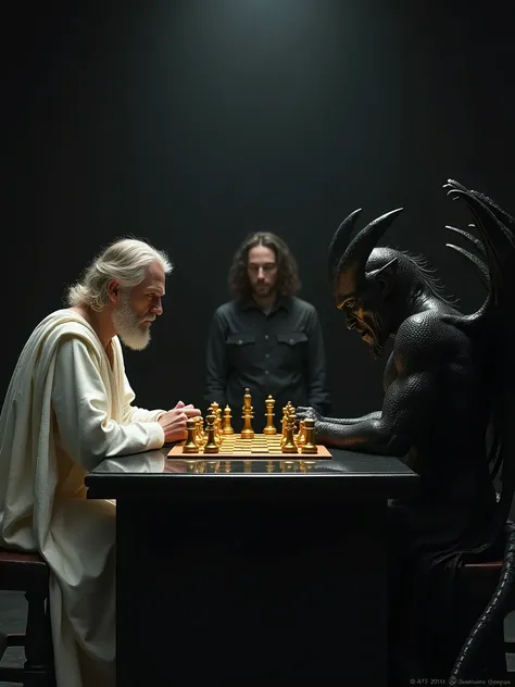  An image Ultra-realistic and highly detailed depicting a humble man who represents God ,   sitting on a black stone table and playing gold chess with a demon .  The surroundings are dark and the background is completely black, showing only the reflection ...