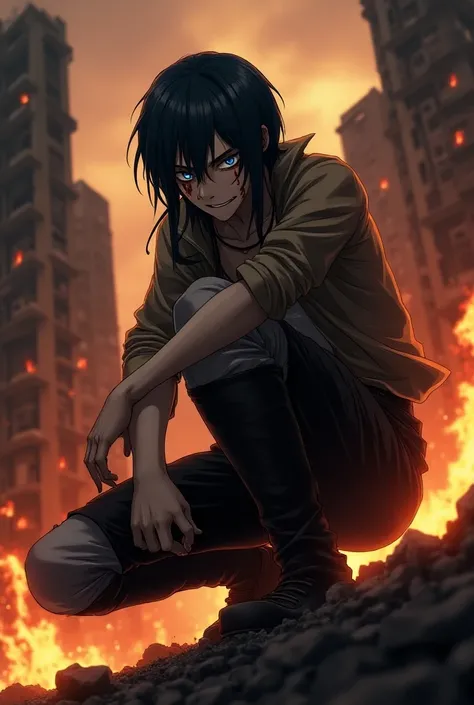 A guy with long Blair, blue eyes. He is crouching while smirking as he looked at you with blood on his face anime character, surrounded by buildings that was lighted on fire attack on titan themed