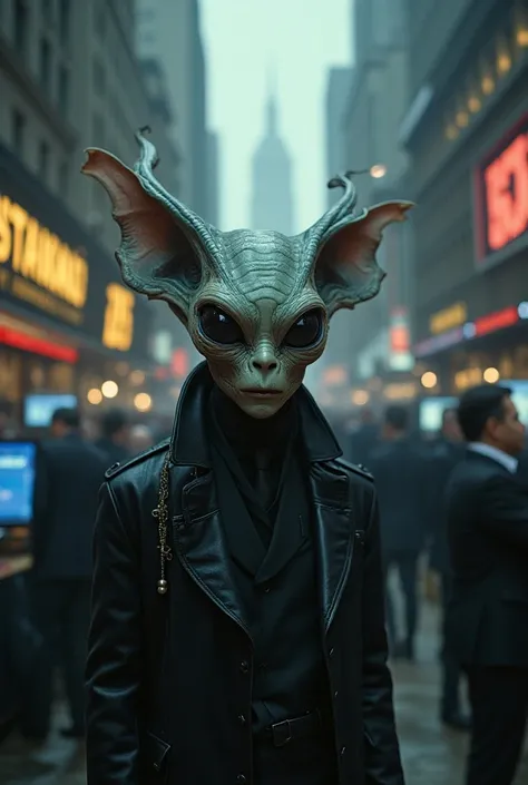 Alien in the middle of a stock market trading floor 