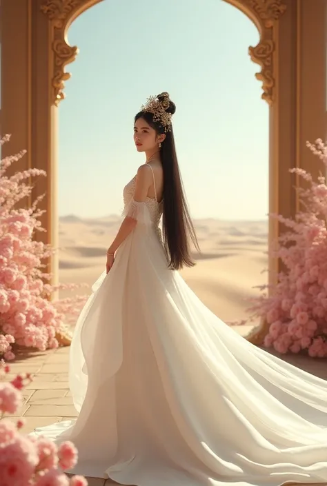 A Chinese princess, a woman with long straight hair, wears a white Chinese dress with a luxurious, smooth, long shoulders, an abundance of peacock metal hair ornaments, a box of tall hair in a palace with flowers, looking at the camera, holding a long whit...