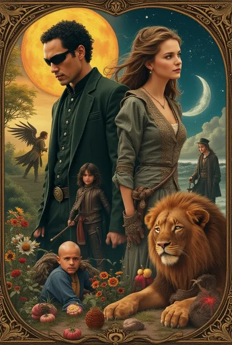  Collage of images from movies like Matrix , Alice in Wonderland , The Lord of the Rings, Coco and the Lion King in a Renaissance drawing style 