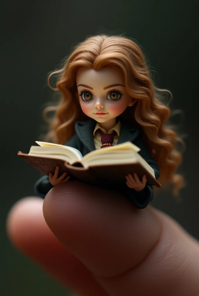 Hermione Granger with Book :  Add Hermione with an open book in her hands ,  as if she were reading or preparing a spell ,  with her characteristic wavy miniature hair on top of a human finger