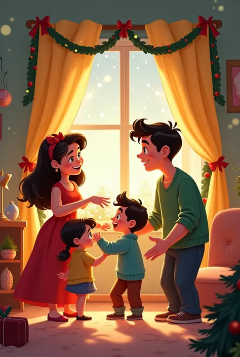 Make an image of a family decorating the house together so that the style is drawn is Disneylike