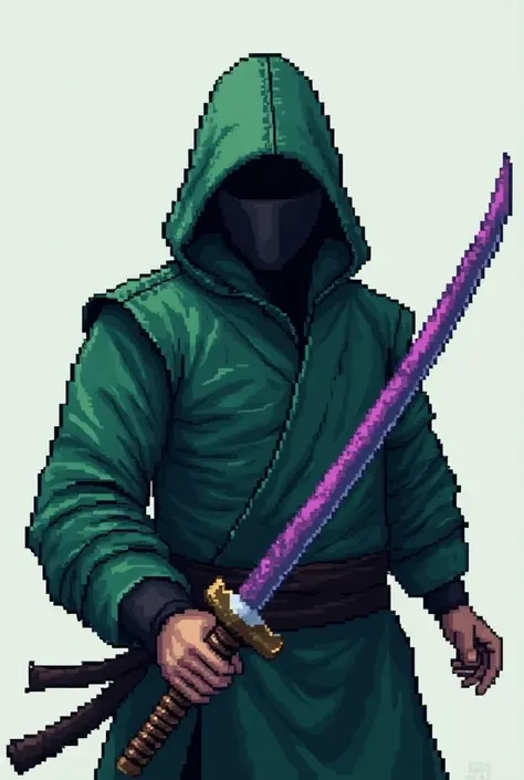  Pixel style A man with a mask that covers his entire face and all his green clothes and a purple katana 