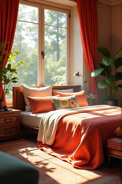 is:  “Luxurious room with elegant decor ,  large windows letting in intense natural light,  bright colors and gold details .  Comfortable bed with decorative pillows , dark wood furniture .  Sunlight creates soft shadows .”