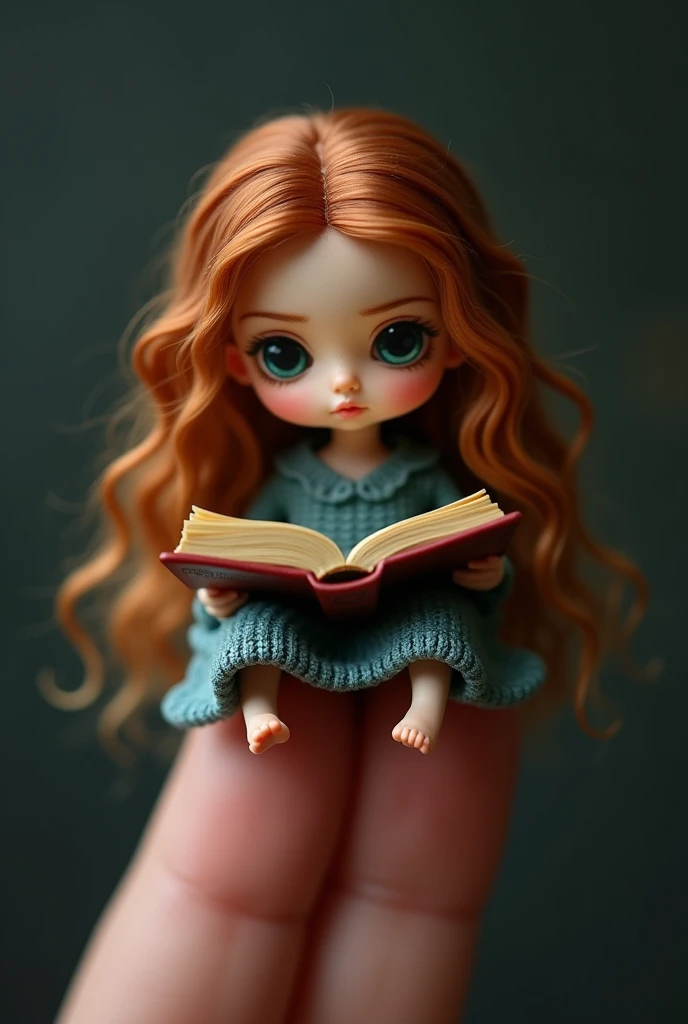 Hermione Granger with Book :  Add Hermione with an open book in her hands ,  as if she were reading or preparing a spell ,  with her characteristic wavy miniature hair on top of a human finger