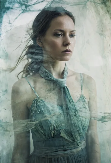 there is a woman in a dress with a tie on her chest, a still of an ethereal, inspired by Katia Chausheva, tattered dress, ethereal details, double exposure portrait, inspired by Elsa Bleda, inspired by Anna Füssli, close up half body shot, mixed media phot...