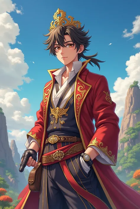 Young royal adventurer dressed in expensive anime clothes