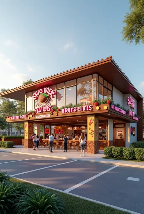  Create an image of a company like KFC or McDonalds among others .but with a chocolate-dipped fruit theme but realistic But what would it look like on the outside (The name of the company is Sweet Fruit Bites) That one is fine just add parking spaces and w...