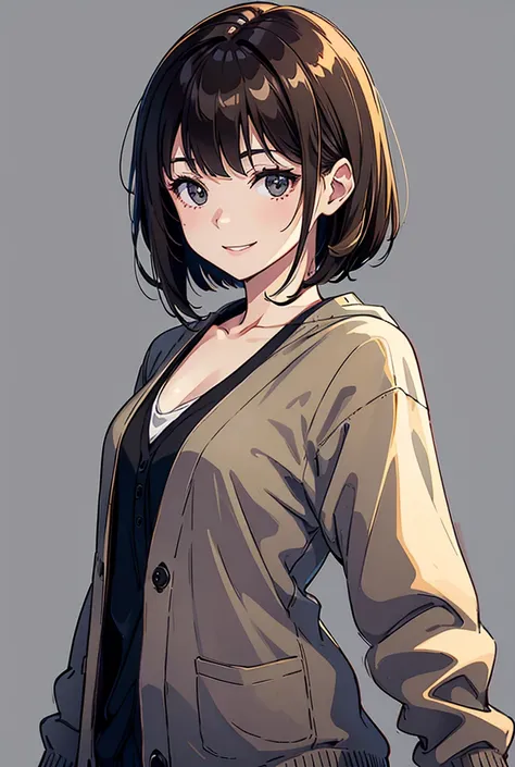  1 girl,  high resolution on down, Best Quality,  simple background, Brown Haired Sharp Bob, Black V-neck shirt，Wear a gray cardigan, Black Eye，smile