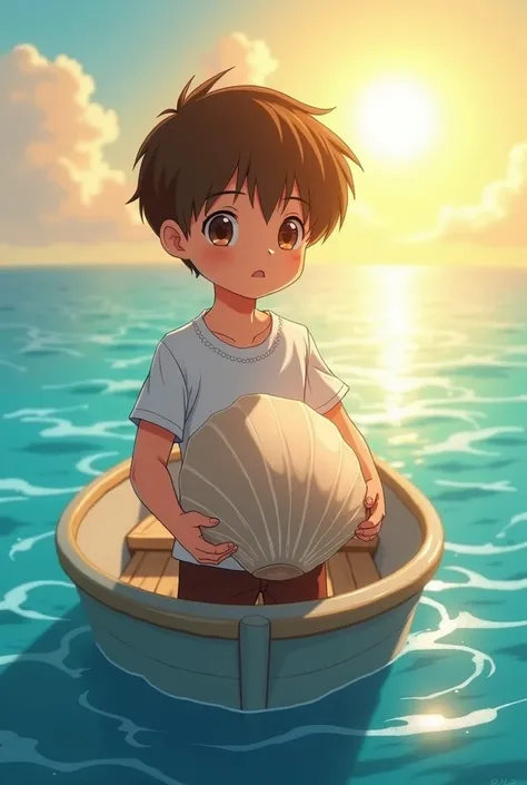  Boy light brown skin ,  light brown hair hazel eyes ,  frayed white t-shirt ,  on a fishing boat holding a huge clam  ,  under the burning sun in yellow colors , white, blue and orange.  While the surface of the water shows movement and translucent reflec...