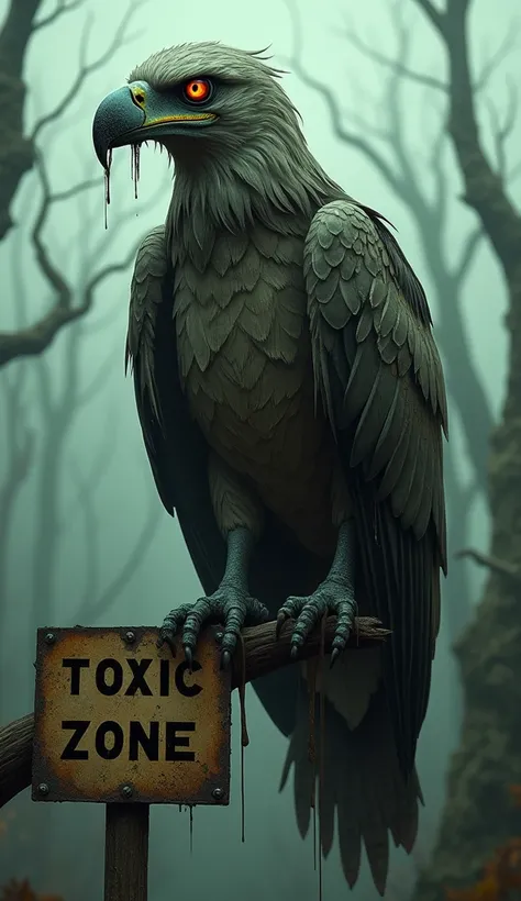 "A nightmarish, zombie-like eagle perches on a rotting branch, its wings tattered with decayed feathers falling away to expose skeletal structures underneath. The bird’s eyes glow a dim, unnatural red, fixed in an eerie, predatory stare. Its beak is chippe...