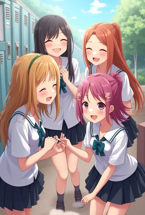 a group of 4 animated girls wearing the same student uniform each separately