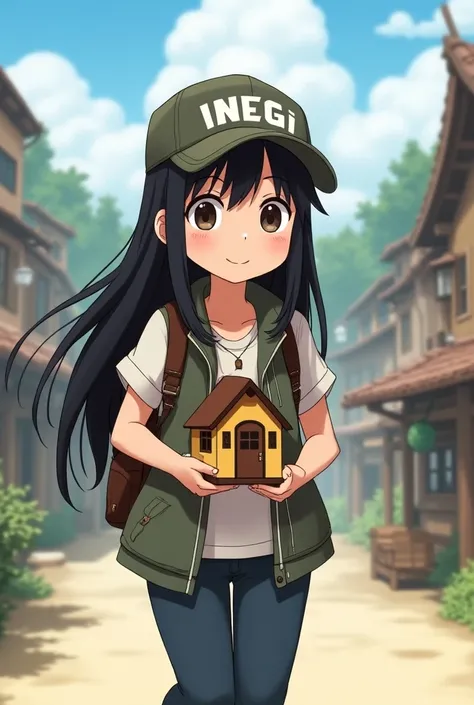 Animated black loose haired girl, with vest besh ,  travelers backpack ,  with a camping house in the hand and a hat with the letters "INEGI "  in large , with background of a small town with measurements of the image of 9.5 cm high by 21 cm wide.