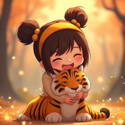 Brown Hair,  bun hair, girl, Deformed Cheek Dye, happiness/joy, Grin, Hug a stuffed tiger,  yellow hair band ,  glitter effect , Blurred,  glitter effect ,  blurred background,  silhouette, anime,  Ghibli style color, Pixar, 