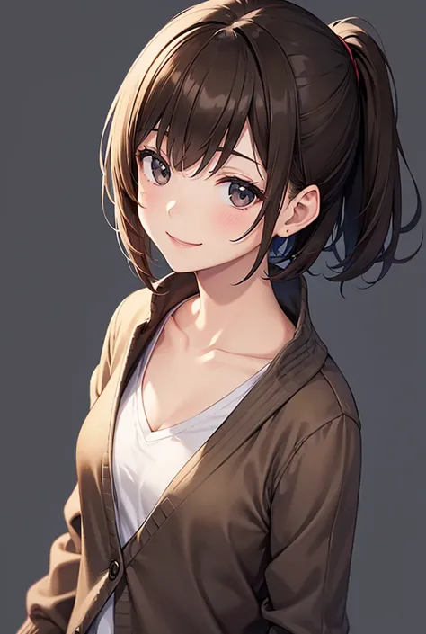  1 girl,  high resolution on down, Best Quality,  simple background, Brown Hair, Black V-neck shirt，Wear a gray cardigan, Black Eye，smile，Sharp bob