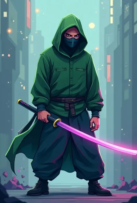  Game style 
Pixert from A man of average height with a mask that covers his entire face and all his green clothes and a purple katana 