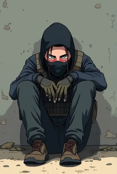 Terrorist from the game Counter Strike sitting crying , full body anime style 