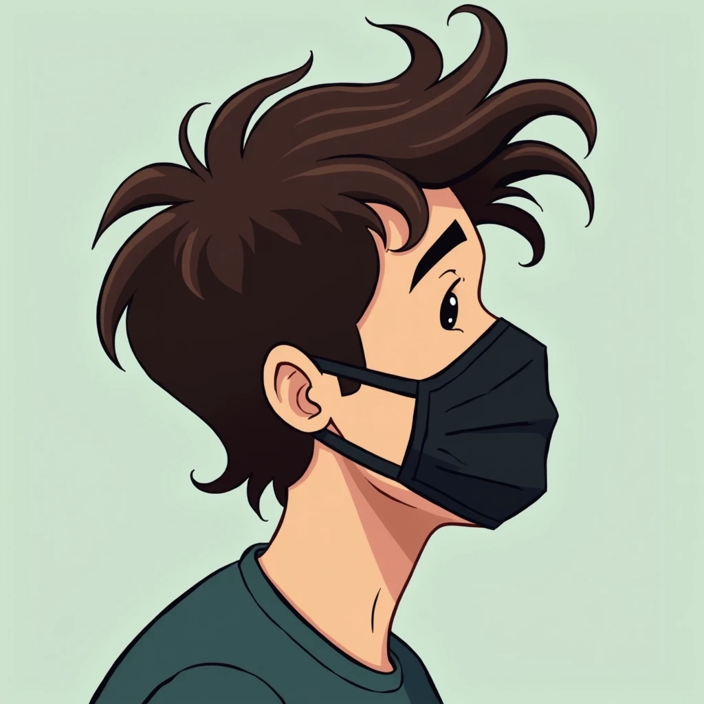 drawinjg webtoon style man wearing a black surgical mask dark brown hair seen in profile it looks like he is falling forward his locks of hair are in movement to illustrate the fall