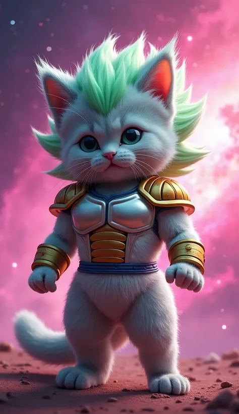 A fluffy grey kitten dressed as brolly legendary super saiyan from Dragon Ball stands like a human green hairy supr saiyan and pink star light space background