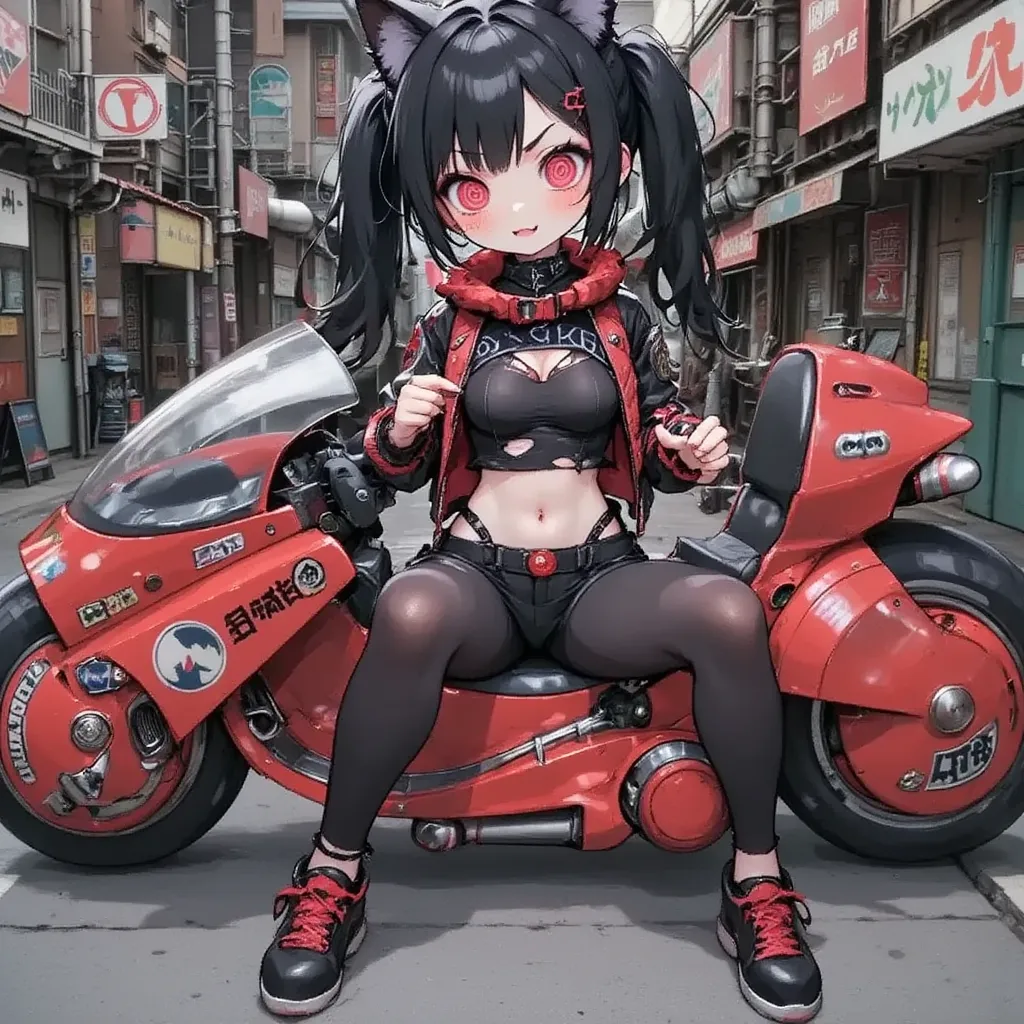 1girl,Sitting,Akira Bike,Lean back,Put your foot forward,Thick eyebrows,(sexy and seductive pose:1.3),Black goth punk fashion,Teenage Girl,Long Hair,Cat ears and tail,Large scooter,Very low seat,Low vehicle height,One step ahead,Akira Bike,high resolution,masterpiece,high quality, 
(Photorealsitic:1.4),Raw photo,(super realistic details),portlate,Shadow,Beautiful Skin,detailed face and eyes,Glossy lips,female curvy beauty,Striking contrast,8K,ultrasharp,Akira Bike Red,cycling,,neon Cyberpunk Cities,moon night