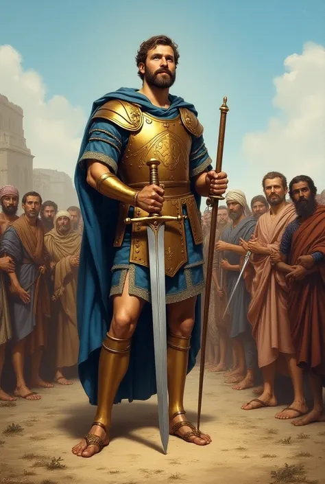 Image of Saint Theodore with armor and sword ,  symbolizing his bravery as a Roman soldier.Cores:

 - Blue and gold for Saint Theodores armor
- Earth and brown for the poor
- Light blue for the sky

Style :

 - Classic illustration
- Oil painting on canvas...