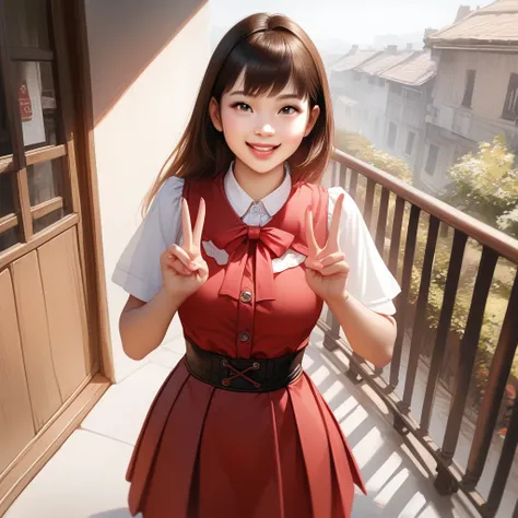 a young girl dressed in red is standing on a balcony making the peace gesture, 1girl, solo, realistic, smile, skirt