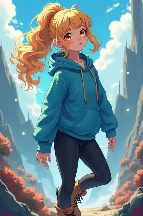   ,  curly blonde ponytail hair with bangs, honey eyes, blue sweatshirt, black leggings and climbing boots .  in anime style