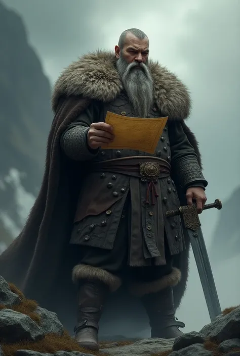  Add an imposing Viking boss ,  with a long beard and a skin cape ,  holding a sword and observing the “territory” on his finger.