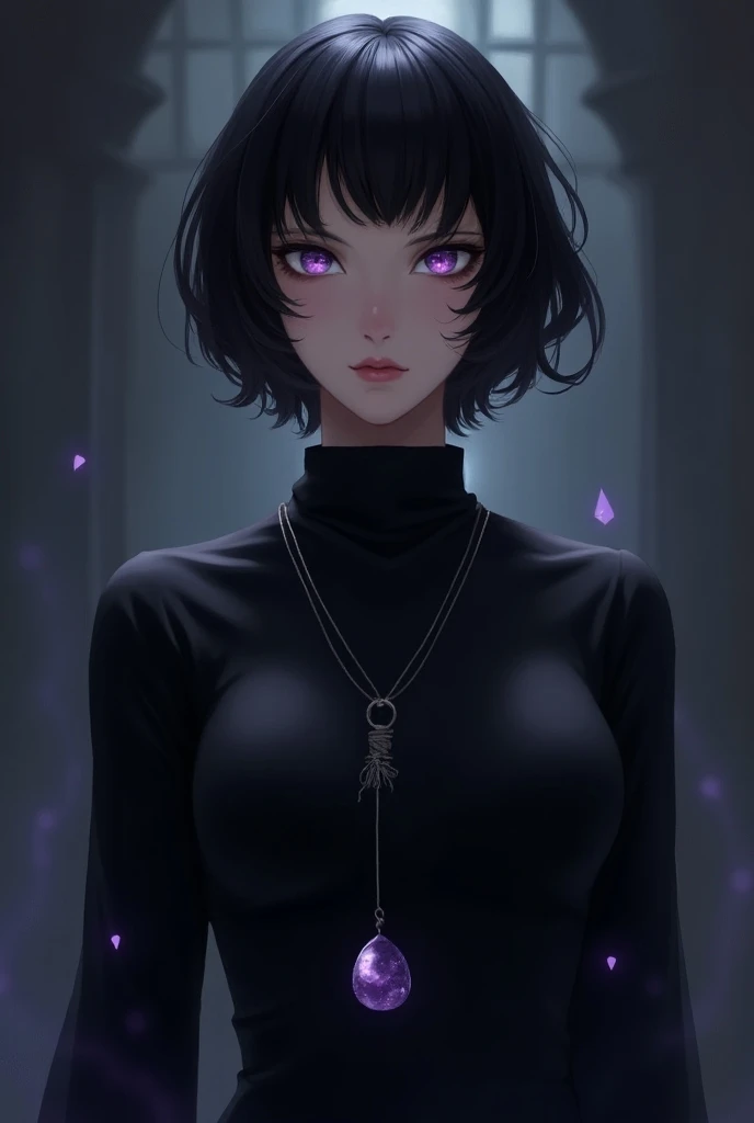  A fair-skinned Jujutsu sorceress ,  short black hair at chin length , and has light purple eyes .  She wears a black shirt with long sleeves and a high collar and has medium breasts. It uses a pendulum, which is a simple short gray string with a small sim...