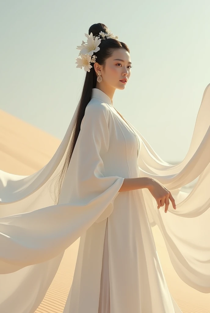 Chinese princess, a woman with long straight hair, big breasts, wearing a luxurious, simple, long white shoulder-length Chinese dress, lots of white flower hair ornaments, high hair boxing, looking at the camera, holding a long white cloth, a lot of fabric...