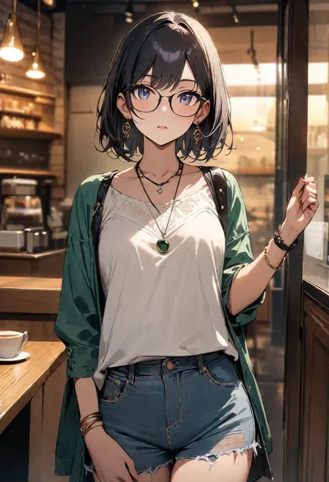 (masterpiece, Best Quality:1.3), high resolution on down,super fine illustrinion,Detailed skin,  detail face  ,Detail Eyes, 1 girl, casual, necklace , jewellery, Bracelets, earrings for a woman alone,Glasses, Black Hair ,Cafe,cowboy_shot,Front View, starin...