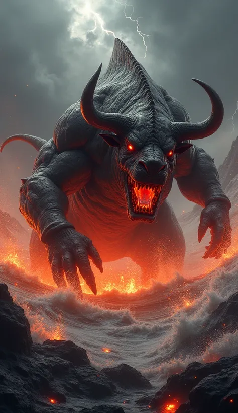 Create a monstrous hybrid creature that seamlessly combines features of a shark, yak, and lava. This creature should have the muscular, powerful body of a yak, with its skin cracked and glowing with molten lava beneath the surface. The head should have bot...