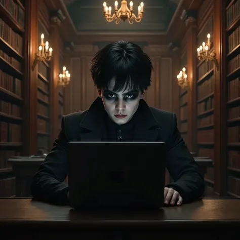 (photorealism:1.2), teenage goth boy sitting with laptop open in victorian library, he is facing the camera but his looking at his computer