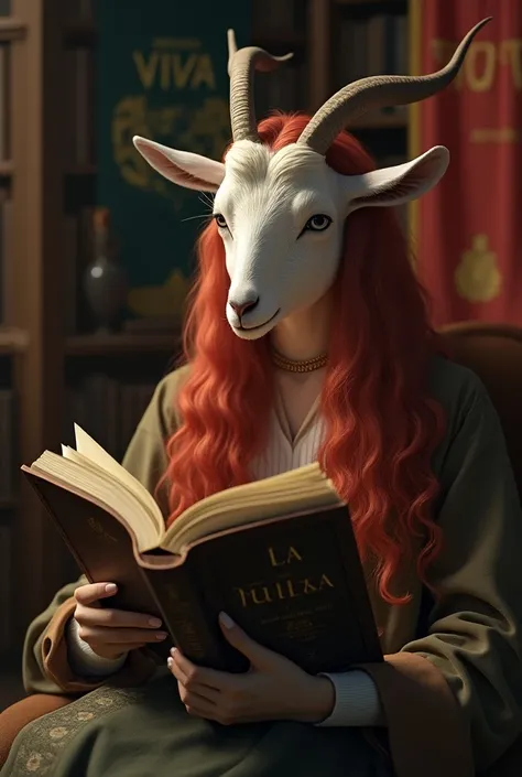 A female goat that characterizes a young woman .  She is studying in a quiet and cozy library . warm atmosphere.  The goat is a young woman and its main characteristic is her curled hair , Long and red in color/Light violet.  In the background there must b...