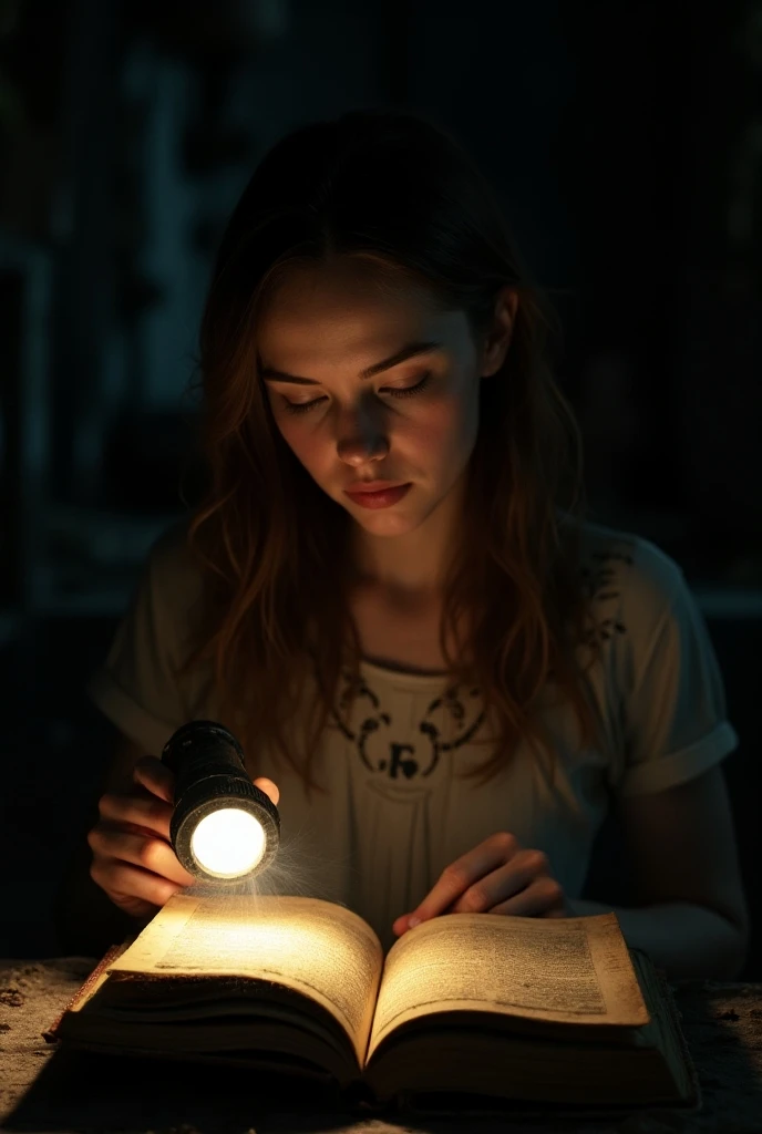  A young woman ,  illuminated by the light of a flashlight, surrounded by dust and cobwebs ,  as she flips through an old diary .