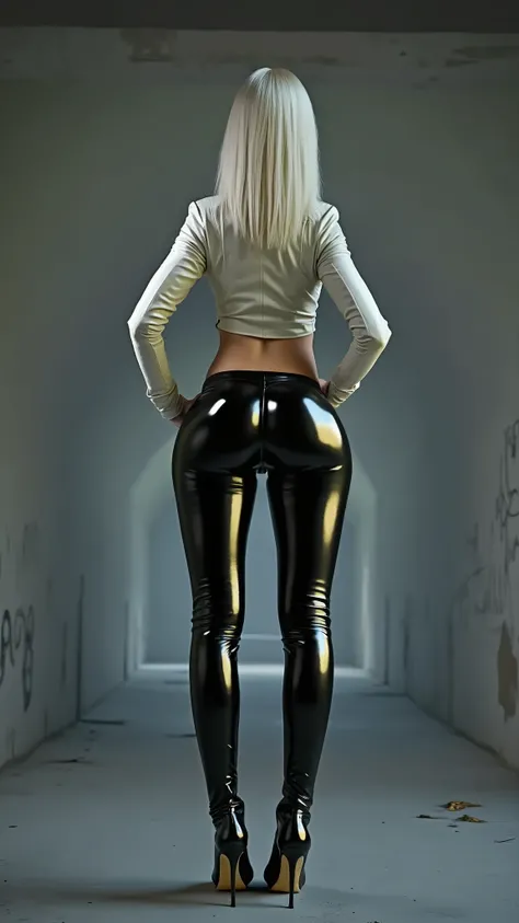 [[Camera from a low angle from ground level]] [[the view is from [[low angle]] A woman from behind, she is sexy, she has her back to the viewer, curves, she is wearing latex pants black, . She is wearing black latex pants that are very tight to her body, h...