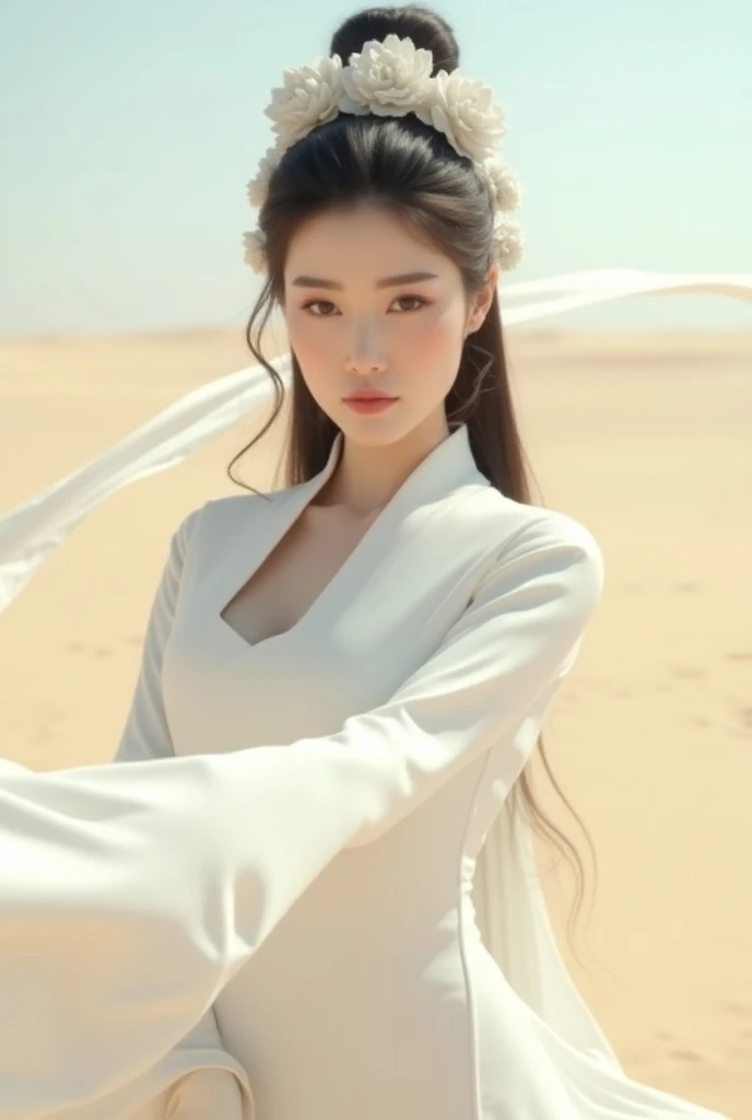 Chinese princess, a woman with long straight hair, big breasts, wearing a luxurious, simple, long white shoulder-length Chinese dress, lots of white flower hair ornaments, high hair boxing, looking at the camera, holding a long white cloth, a lot of fabric...