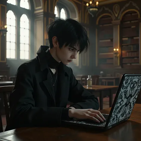 (photorealism:1.2), teenage goth boy sitting with laptop open in victorian library, he is facing the camera but his looking at his computer, well lit room, we can see the texture of the laptop lid