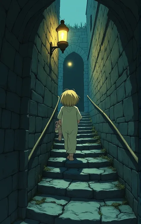  Japanese anime style，A little blond girl in pajamas facing the camera，Carefully walk down the stone steps of the narrow underground dungeon。She supports the stone wall with one hand ， holding a rabbit doll 。 and the dungeon environment is ancient and humi...