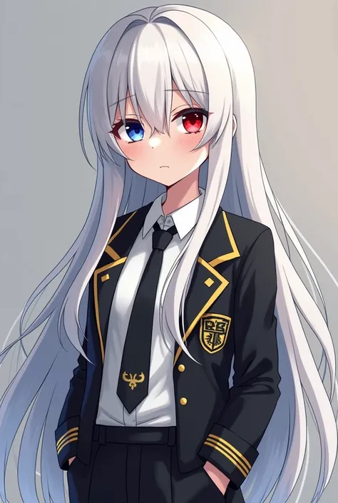 girl ((16 years old)), Long straight white hair ,  heterochromatic blue and red eyes .  with school uniform white shirt ,  black jacket with gold details and a raven emblem,  black pants with gold details . annoyed