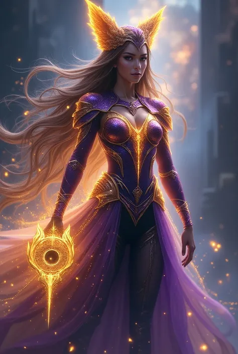 Liliana wearing dimensional armor glowing with golden, purple, and blue lights. Her armor features cosmic patterns resembling planets and light trails that twist around her body. She has long hair that shifts between golden, purple, and blue, with particle...