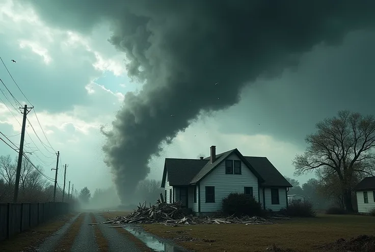 A tornado that destroys a house The sky has dark clouds 