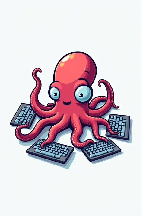 Create a 2D logo with a octopus typing a on multiple keyboard with the word clickpon.com