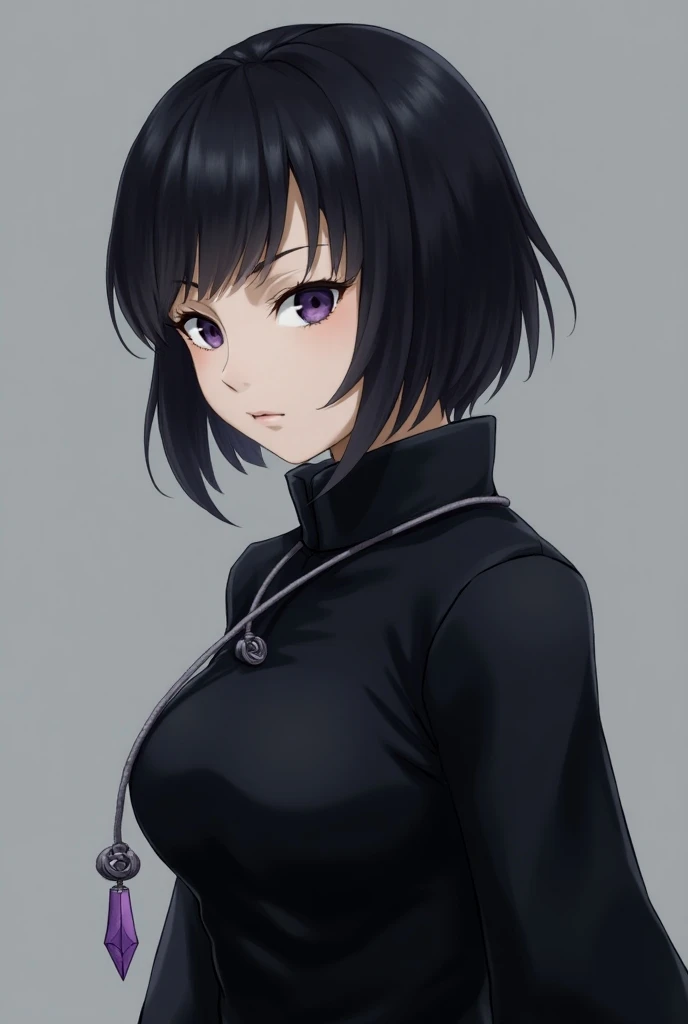  A fair-skinned Jujutsu sorceress ,  short black hair at chin length , and has light purple eyes .  She wears a black shirt with long sleeves and a high collar and has medium breasts. It uses a pendulum around the neck, which is a simple short gray string ...